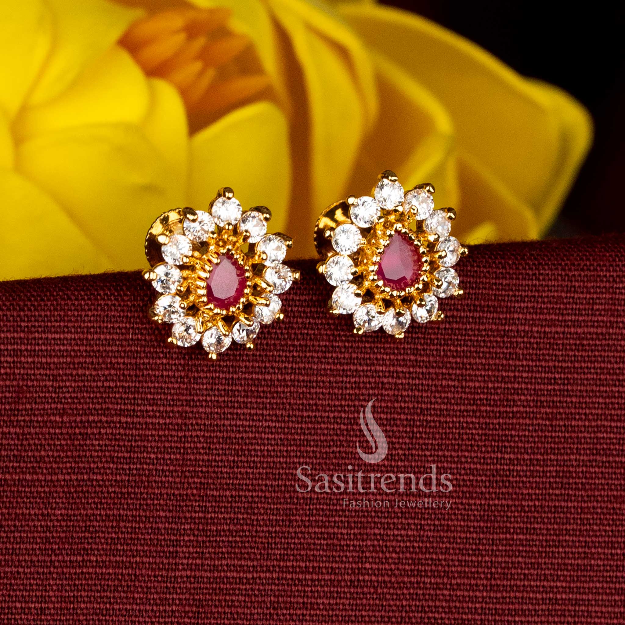 Elegant micro gold plated AD white-ruby teardrop floral stud earrings featuring rich gloss for elevated traditional fashion and saree ensemble sophistication – Sasitrends