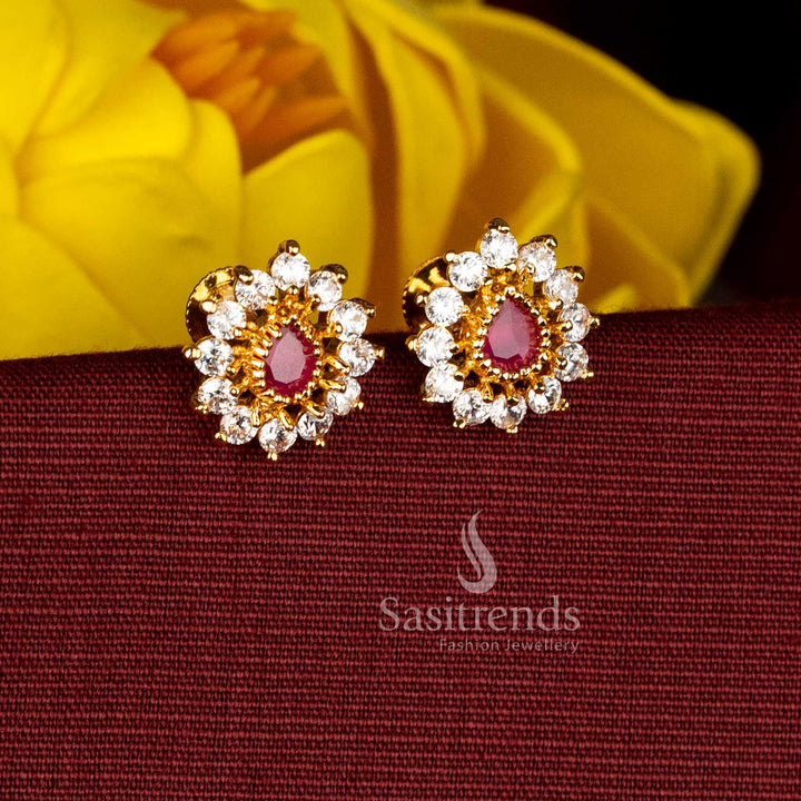 Elegant micro gold plated AD white-ruby teardrop floral stud earrings featuring rich gloss for elevated traditional fashion and saree ensemble sophistication – Sasitrends