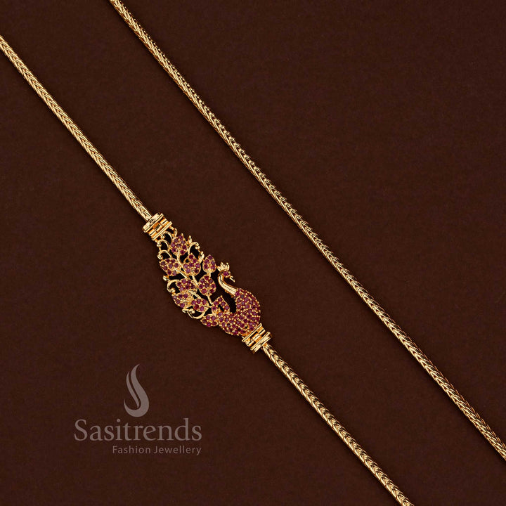 Premium micro gold plated ruby peacock floral 24 inch mugappu chain with multi-color AD stones - Sasitrends