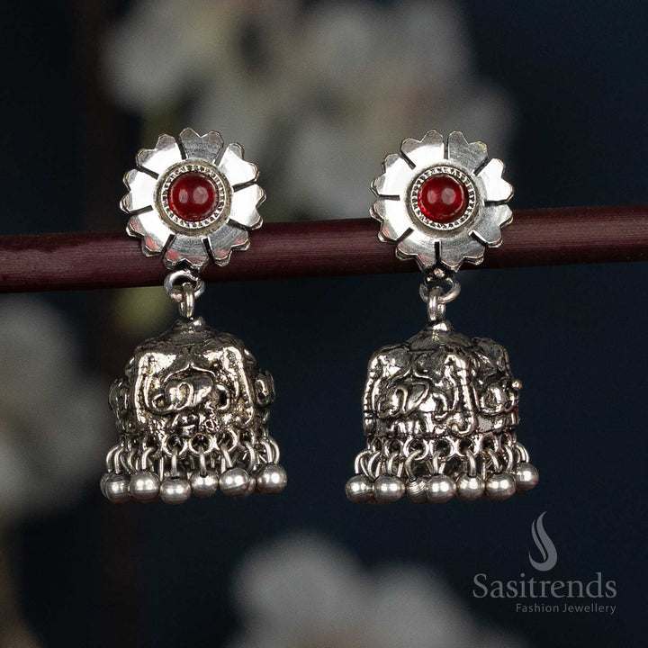 German Silver Oxidised Jhumka Earrings With Floral Studs, Elephant Design Dome, And Maroon Beads Offering Elegant Traditional Style For Sarees – Sasitrends