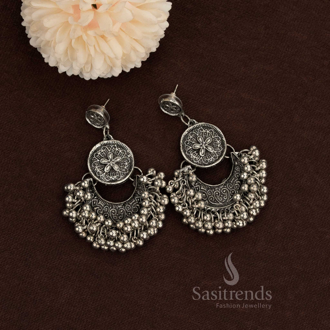 Oxidised Silver Chandi Bali Earrings Featuring A Graceful Floral Motif Stud And Grand Beaded Arch Design, Perfect For Regal Festive Occasions And Elite Styling – Sasitrends