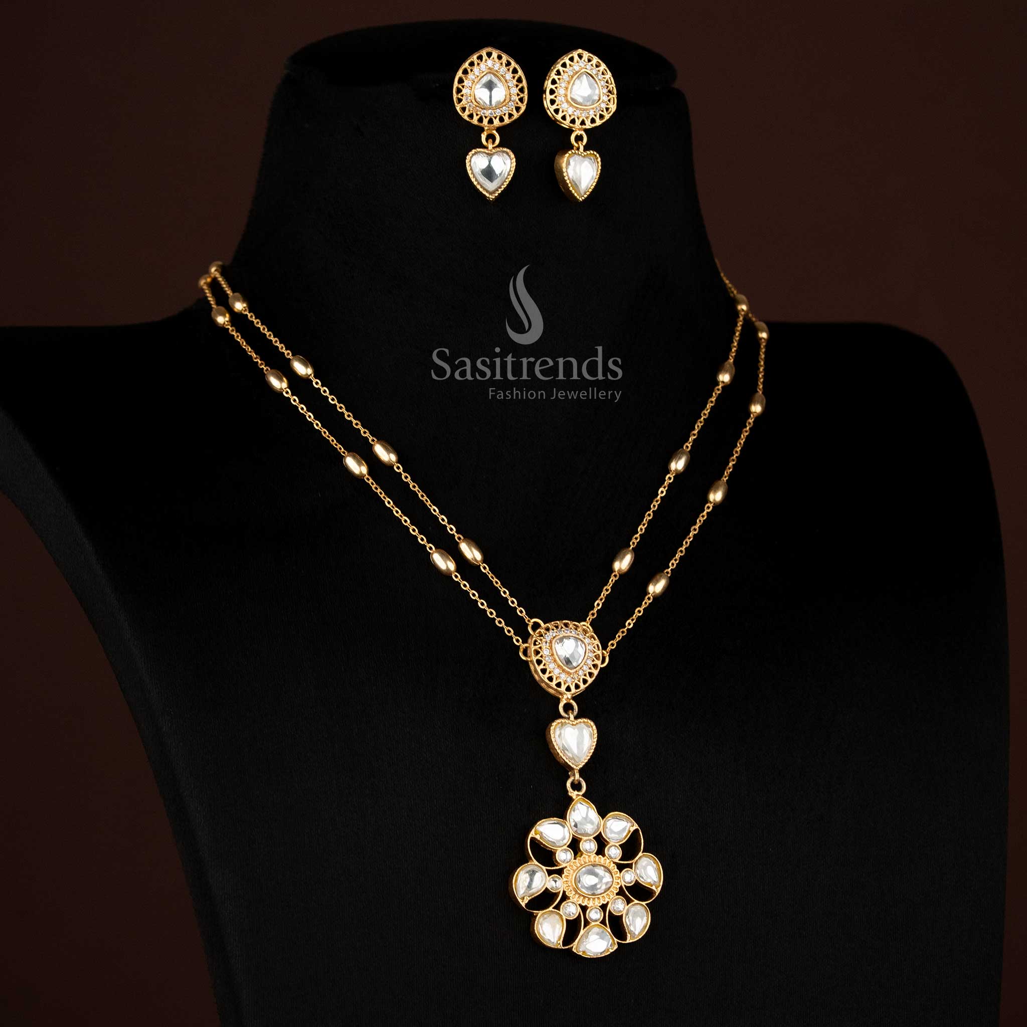 Luminous Jadau 24K gold plated white double-layer necklace with heart and floral designs, ideal for festive sangeet celebrations and saree ensembles – Sasitrends