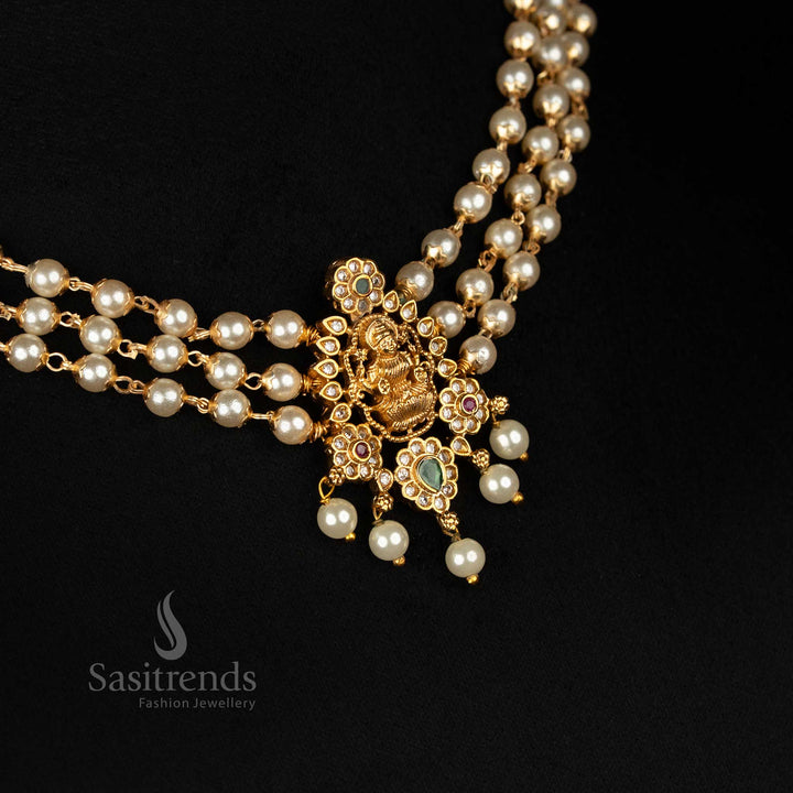 Graceful Traditional Matte Gold Plated Three Line Pearl Choker With Intricate Lakshmi Motif Pendant And Stylish Earrings Jewellery Ensemble – Sasitrends