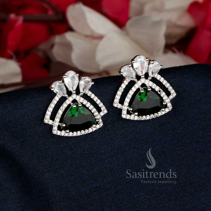 Charming Green Rhodium Silver Triangle AD Stud Earrings with polished lustre, ideal for parties and cultural events — Sasitrends