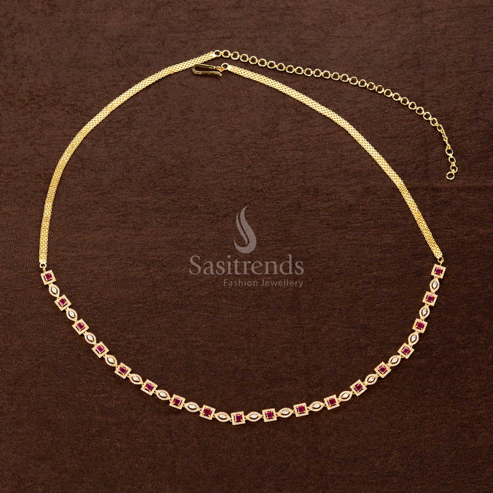 Radiant ruby American diamond gold hip belt with a classic square stone pattern, stunning navette details, and graceful aesthetics—an impeccable jewellery piece for ethnic wear and cultural celebrations - Sasitrends