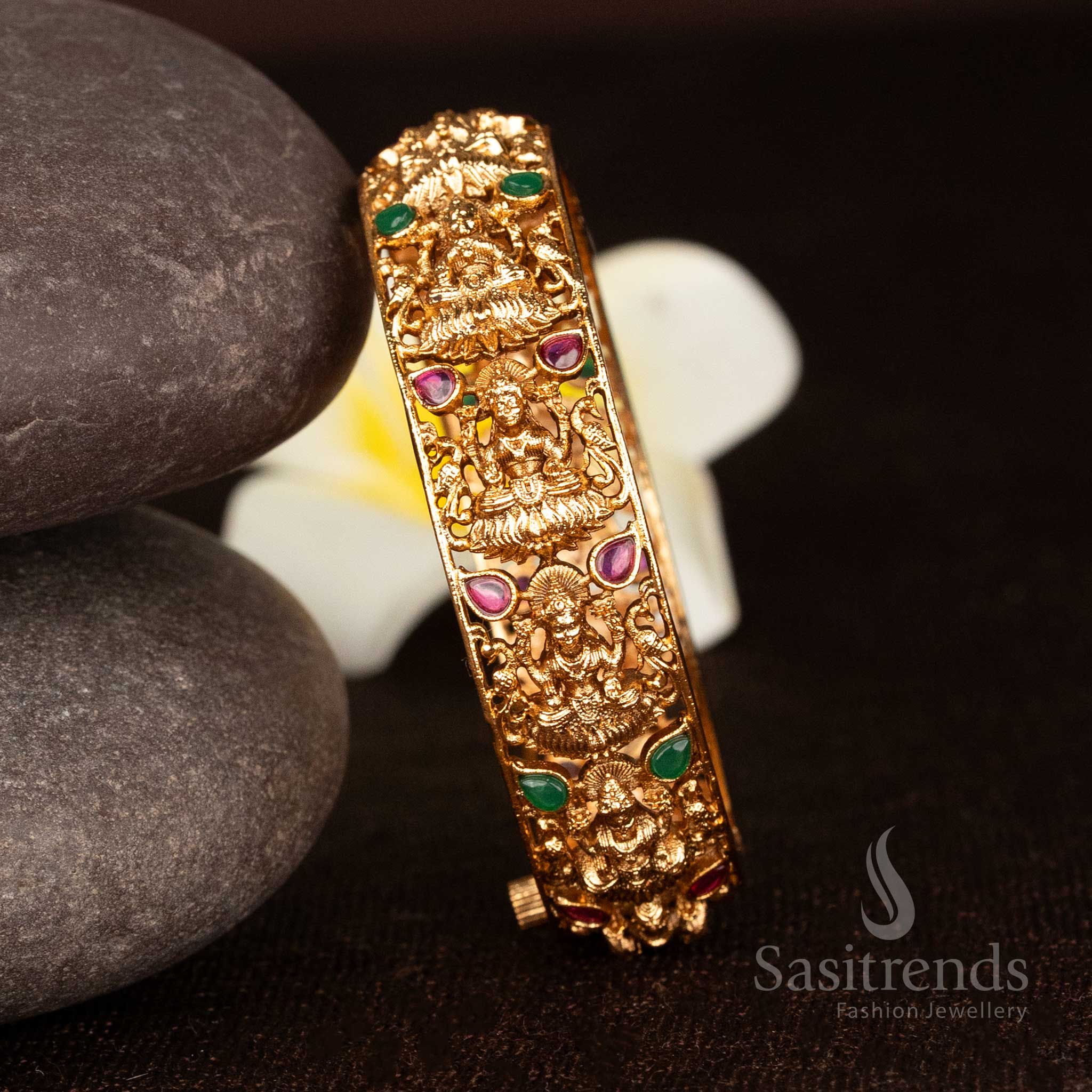Regal ruby-green matte gold plated dual peacock nakshi kada bangles with teardrop stones for opulent festive styling - Sasitrends