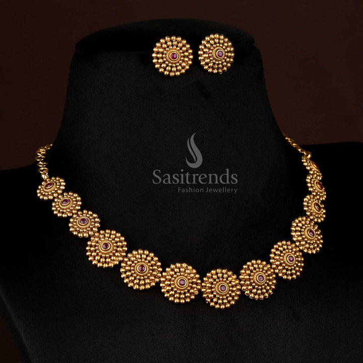 Vibrant ruby premium temple matte gold plated round floral necklace adorned with AD stones, perfect to wear for cultural festivals and joyous occasions – Sasitrend