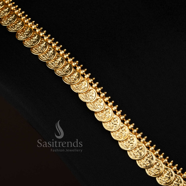 Ornate temple matte gold plated Kemp Lakshmi coin paisley necklace ideal for traditional rituals - Sasitrends
