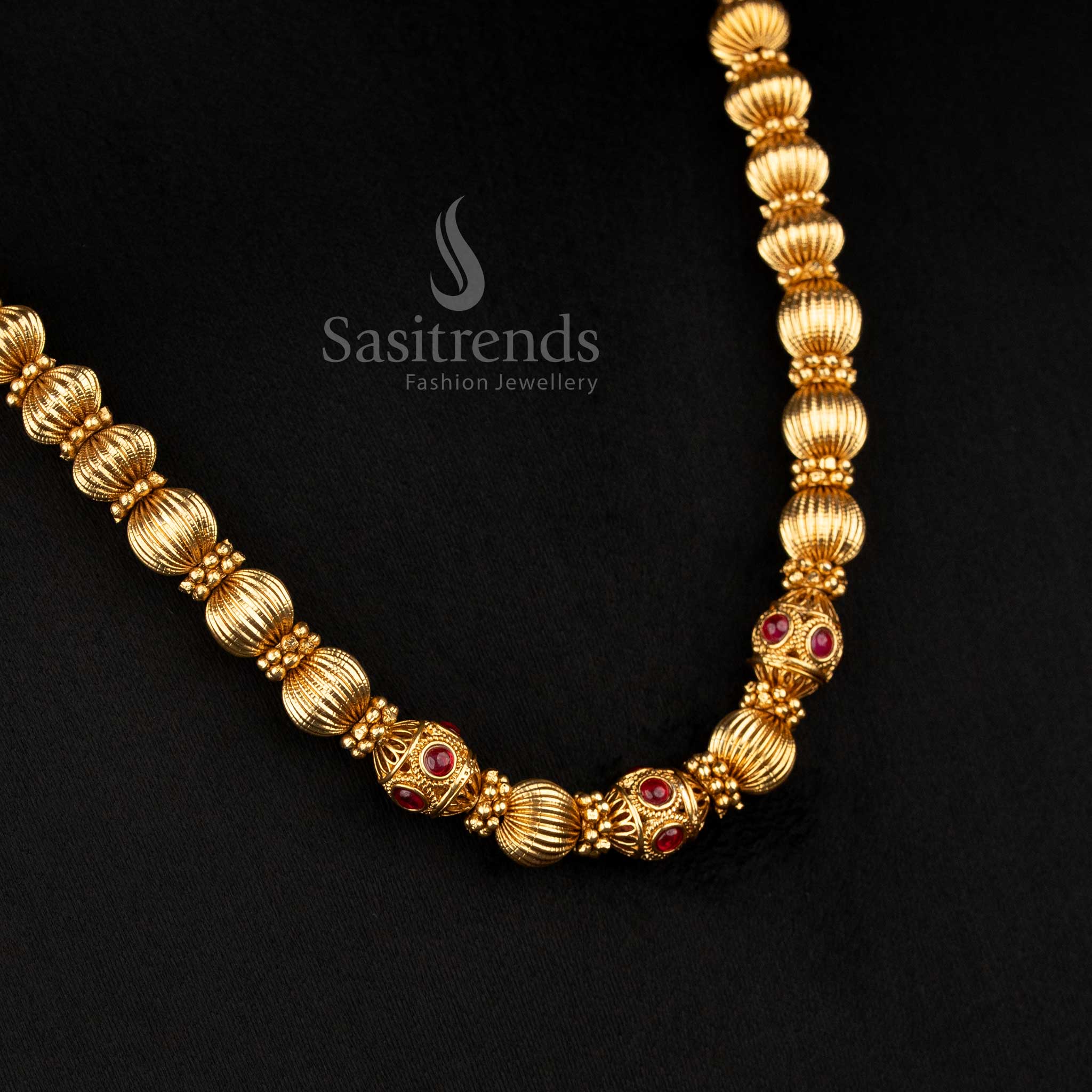 Timeless Temple Matte Gold Plated Ethnic Ball Chain Necklace Handcrafted with Artisanal Perfection for Authentic Temple Jewellery Wear – Sasitrends