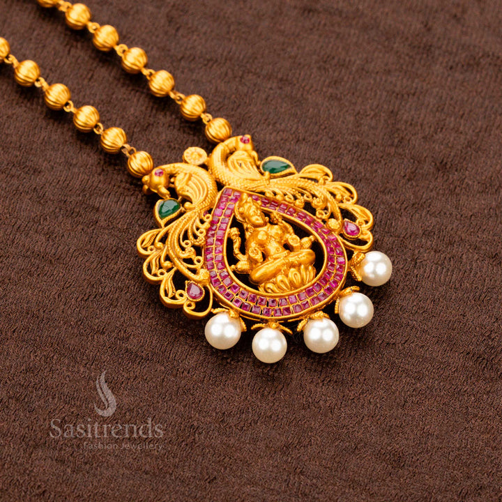 Regal Temple Matte Gold Ruby-Green Lakshmi Pendant Ball Chain Necklace with Pearls – Perfect traditional jewellery for saree and bridal wear – Sasitrends