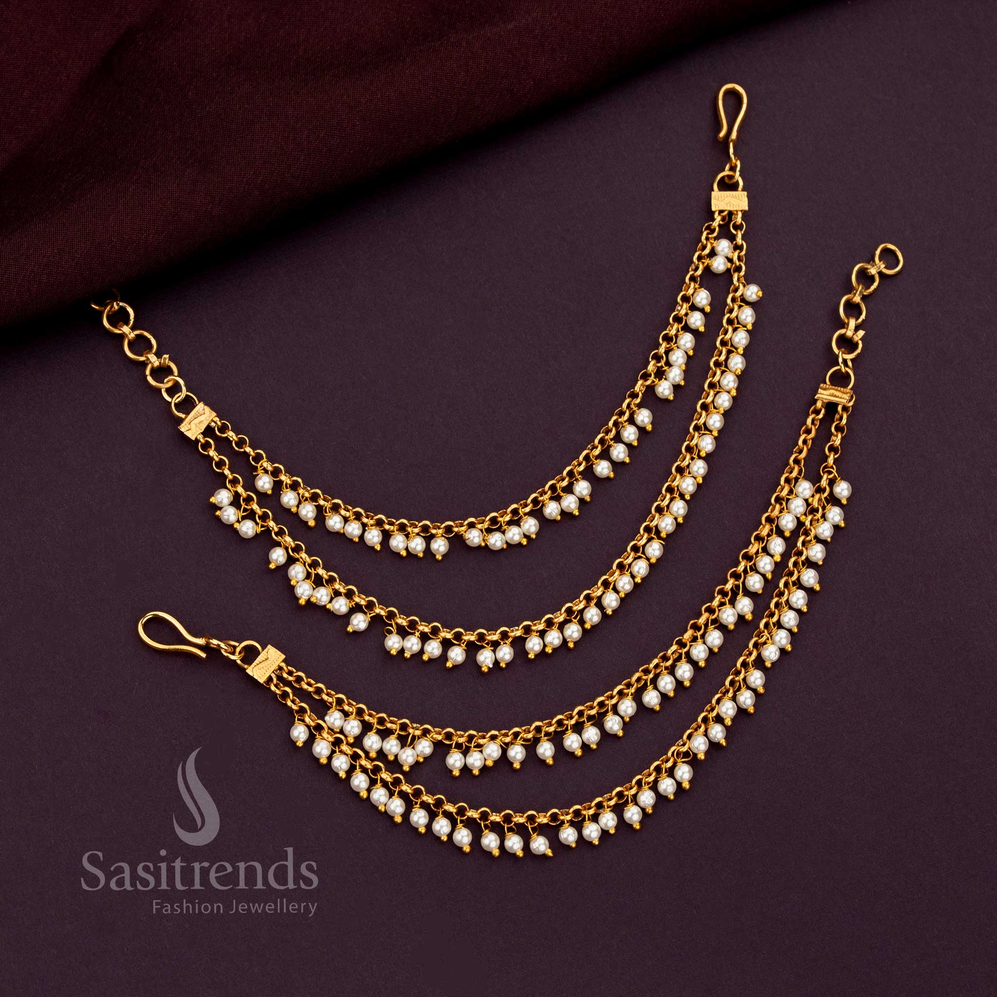Graceful Gold Plated Two Layer Matil With Hanging Pearls Designed For Elegant Bridal Hairstyles And Traditional Wedding Ensembles - Sasitrends