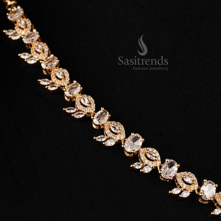 Classic white leaf pattern American diamond micro gold plated necklace set designed with oval accents, sophisticated jewellery for wedding attire and cultural gatherings - Sasitrends