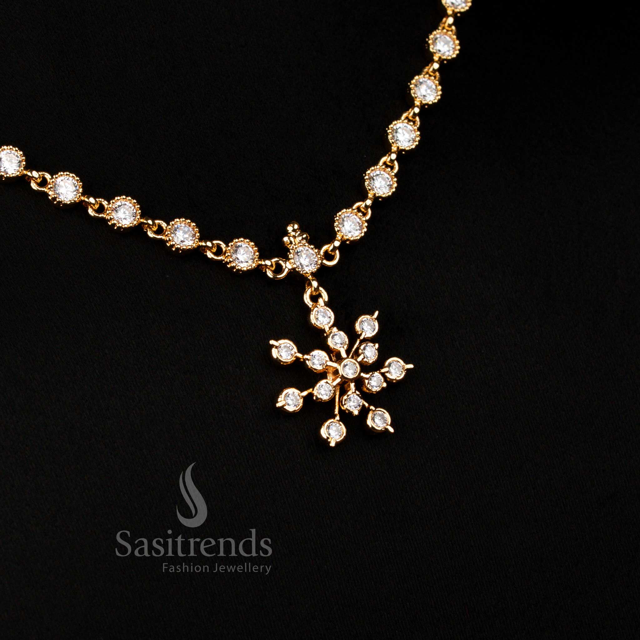 Opulent Guaranteed Impon Addigai Micro Gold Plated Necklace in white, featuring exquisite round and floral American Diamond designs, ideal for wedding ceremonies and festive celebrations – Sasitrends