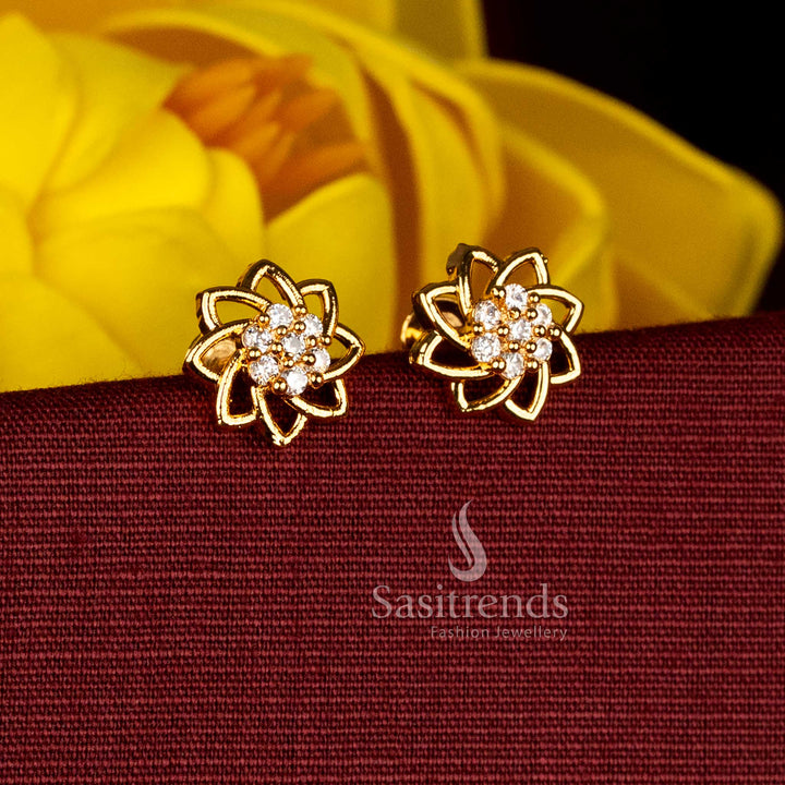 Elegant white micro gold plated swirl floral AD stud earrings, ideal for wedding celebrations, cultural festivals, and formal festive events - Sasitrends