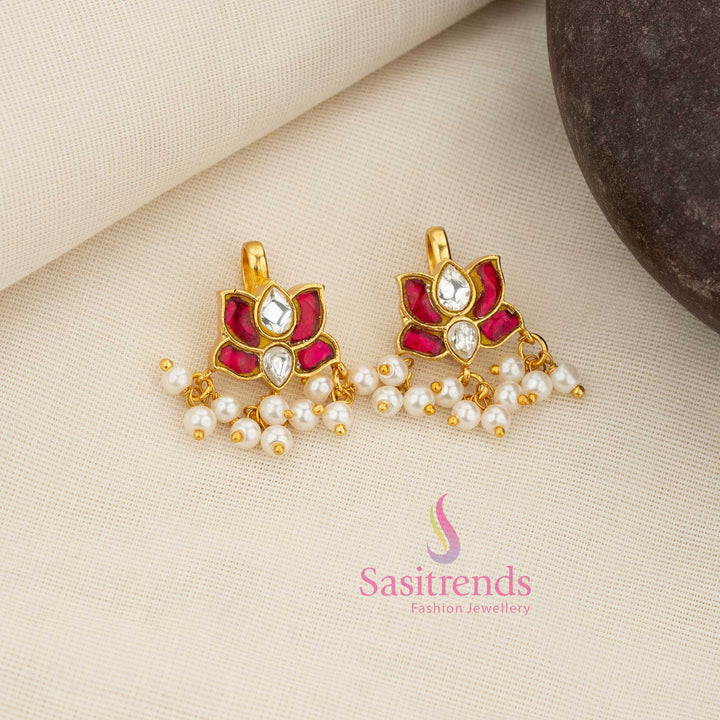 Stunning white-ruby Kundan lotus bugadi earcuff featuring delicate pearl accents perfect for ceremonial and traditional dressing – Sasitrends