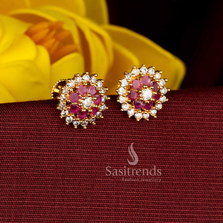 Radiant micro gold plated AD white-ruby circular flower stud earrings designed for ceremonial and festive traditional dressing, ideal with silk saree and half saree - Sasitrends