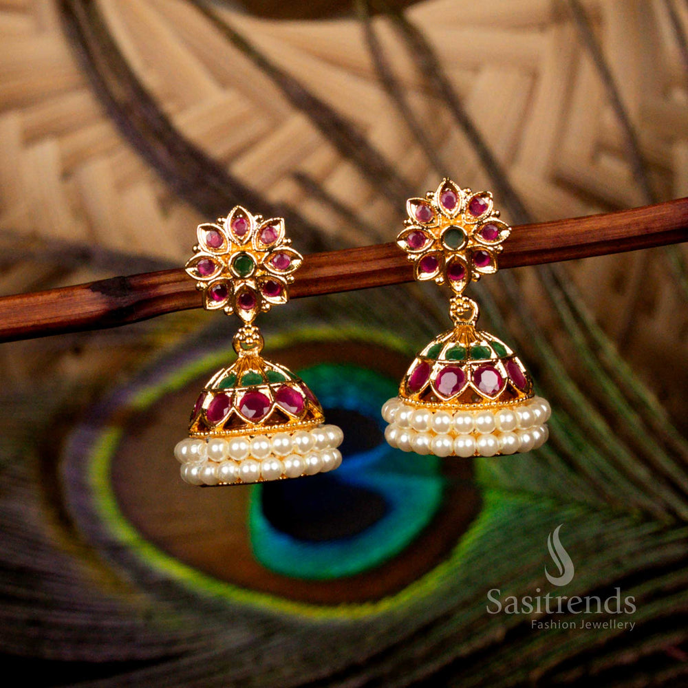Splendid micro gold plated guaranteed ad stone floral dome pearl earrings in ruby green for grand bridal wear - Sasitrends