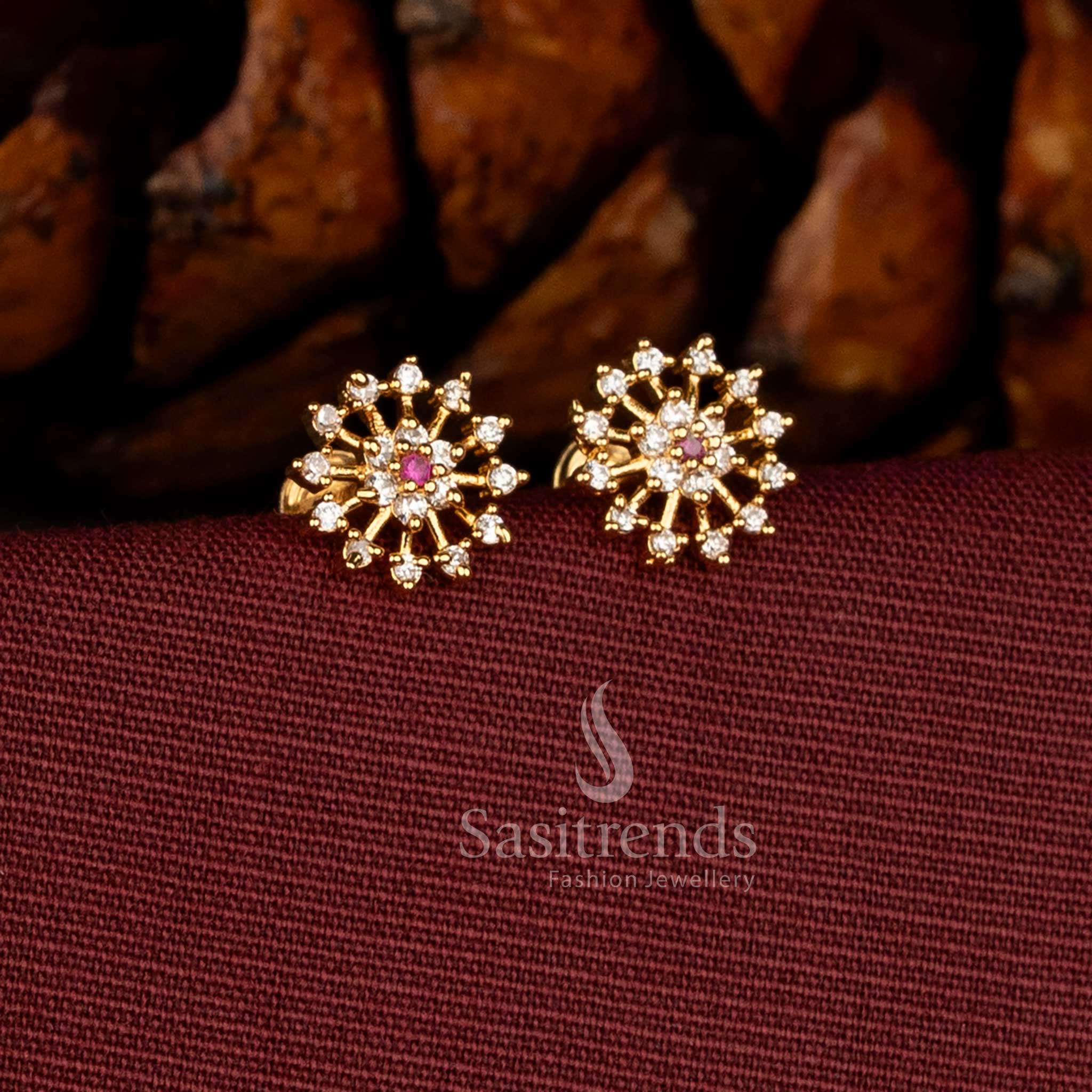 Radiant bridal earrings in white ruby adorned with micro gold snowflake cluster and glimmering AD stones for elegant festive wear – Sasitrends