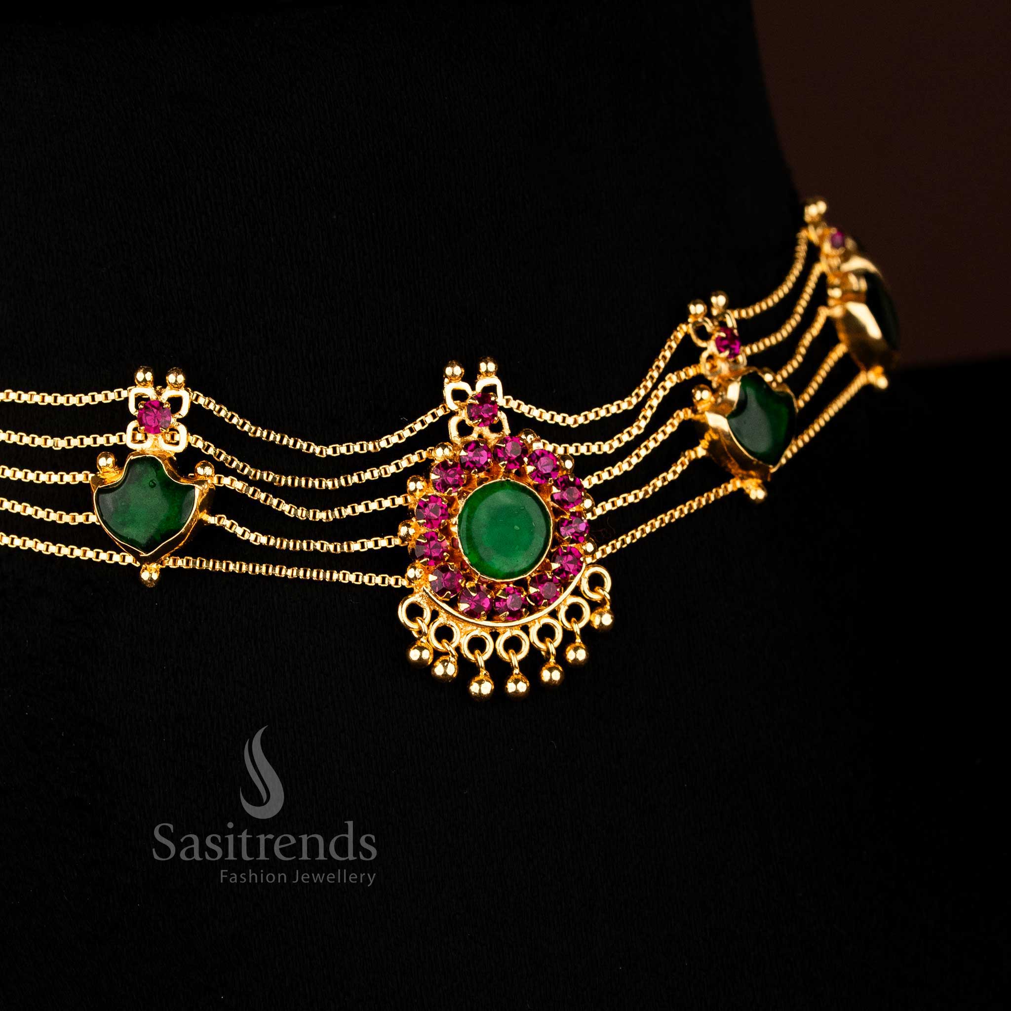 Elegant micro gold Kerala Palakka choker necklace jewellery set featuring shimmering green stones for a royal ethnic look - Sasitrends