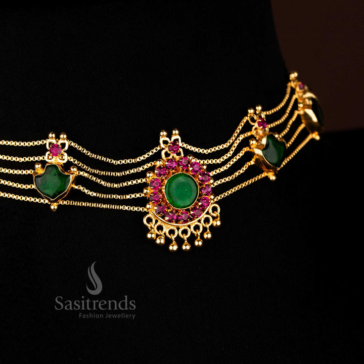 Elegant micro gold Kerala Palakka choker necklace jewellery set featuring shimmering green stones for a royal ethnic look - Sasitrends