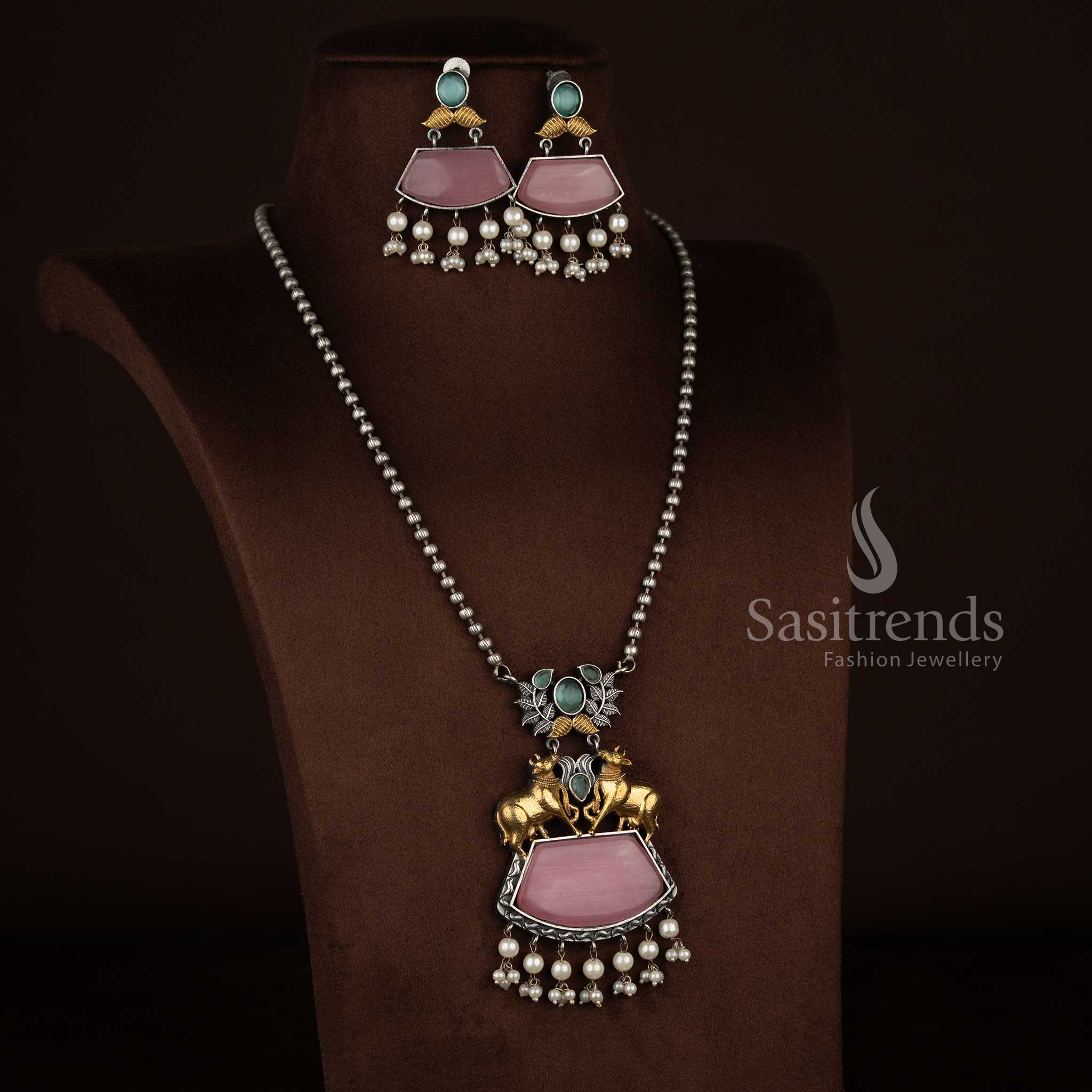 Stunning Antique Oxidised 92.5 Silver Plated Dual Tone Pichwai Cow Leaf Statement Necklace Set with Trapezoid Stones Pearl for traditional functions Sasitrends