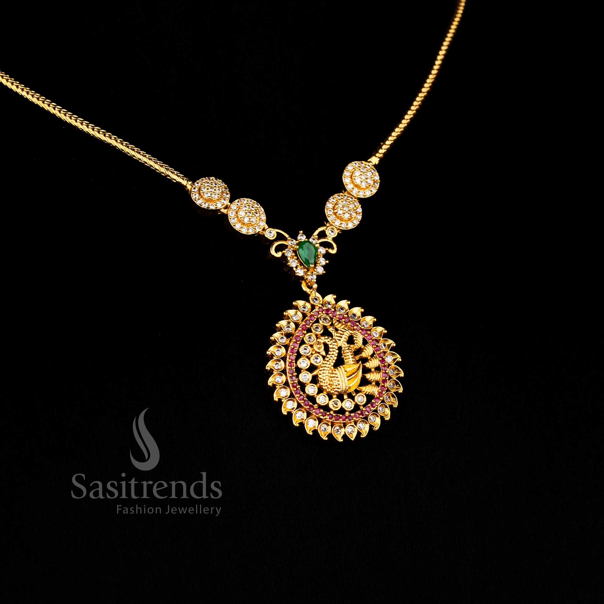 Beautiful matte gold plated multicolour peacock pendant necklace with shimmering AD stones for traditional party elegance -Sasitrends