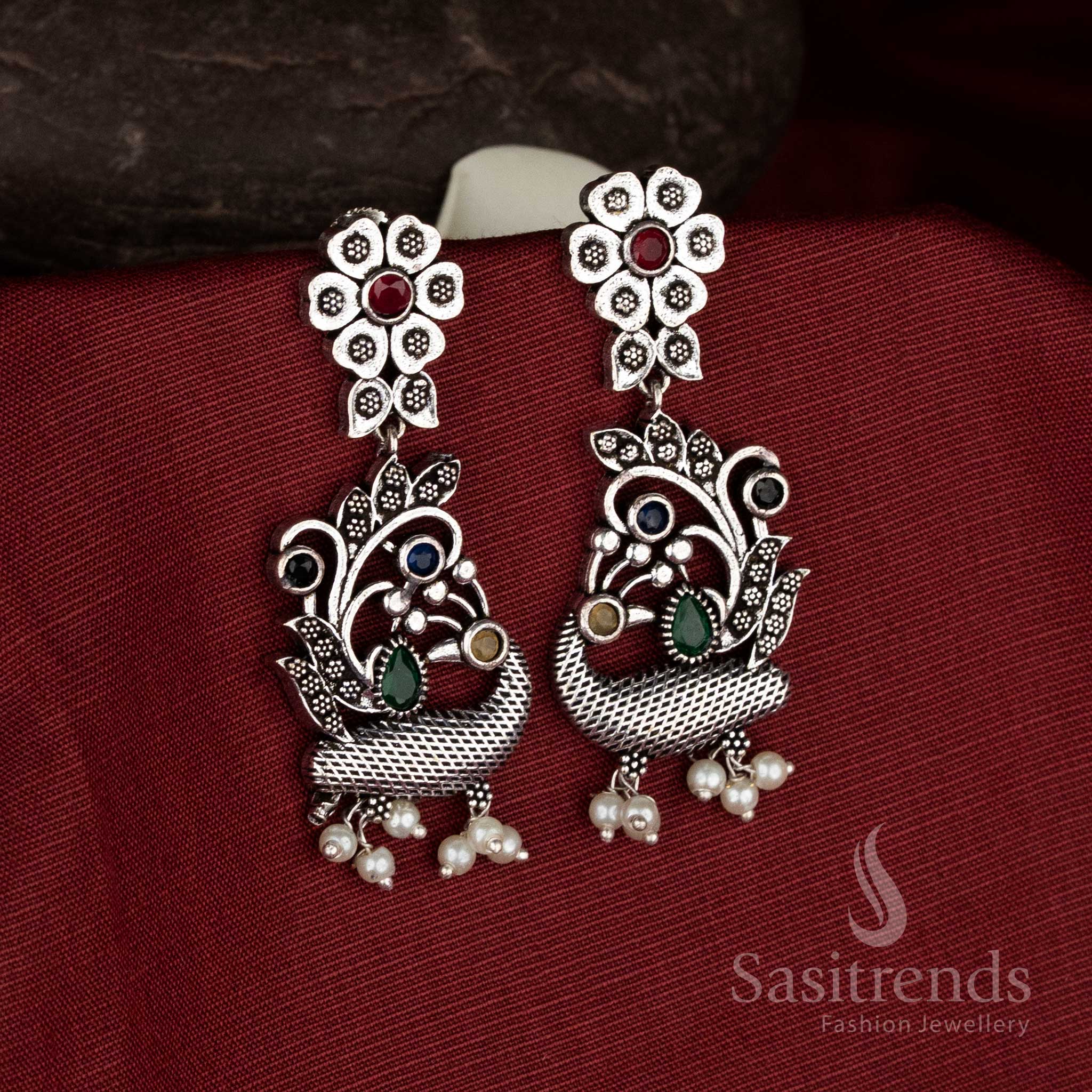 Cultural spectrum oxidised silver floral peacock multi tone pearl drops jewellery - Sasitrends