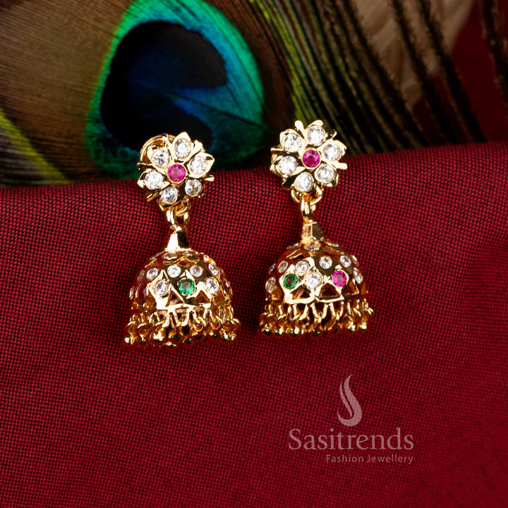 Impon Addigai pure gold look micro plated multi floral stud jhumka earrings with vibrant festive styling – Sasitrends