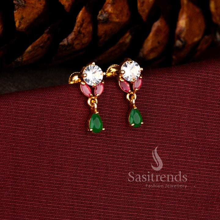 Elite gold plated earrings in multicolour showcasing radiant floral AD cluster and polished brilliant teardrop accent – Sasitrends