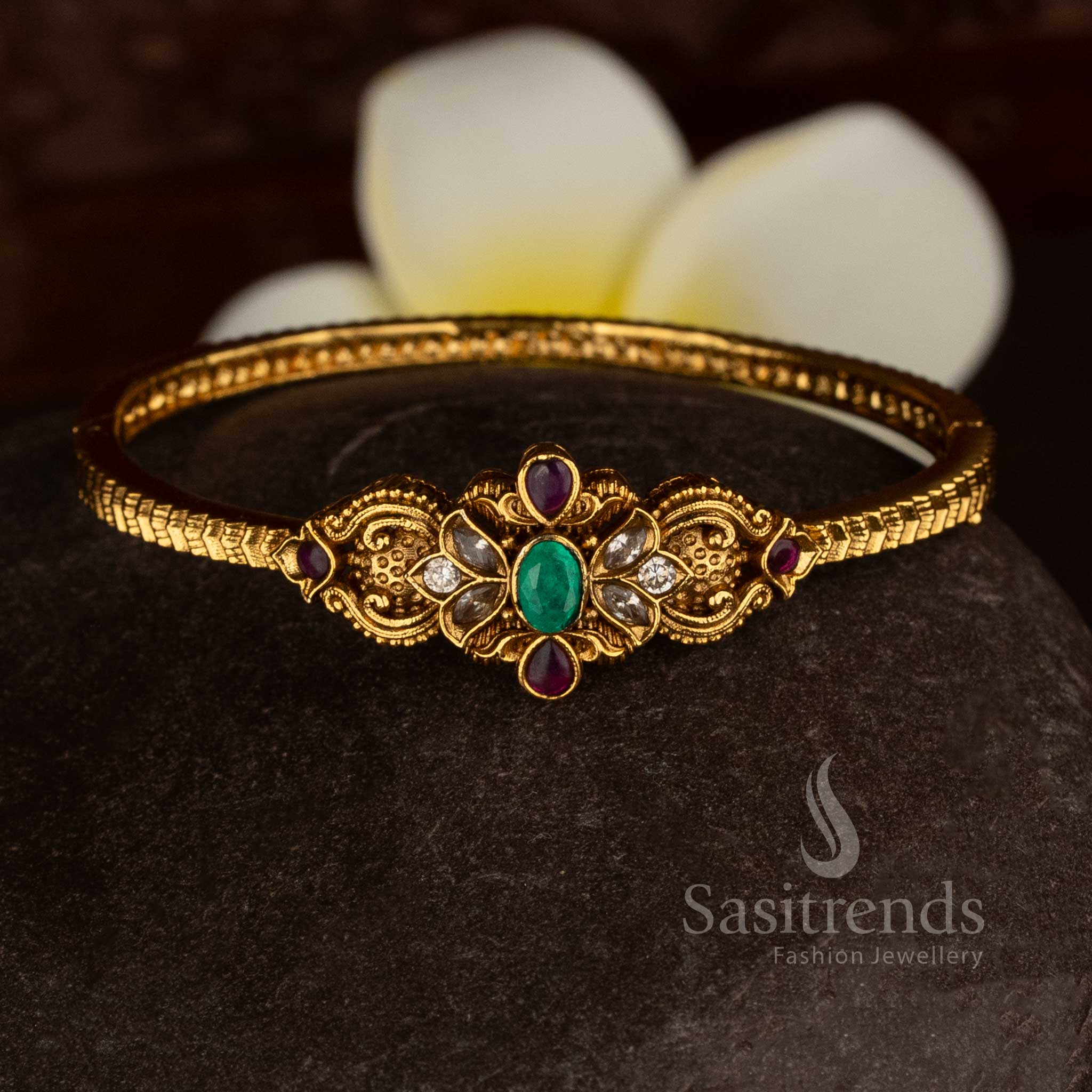 Amazing matte gold plated floral AD openable single kada bangle in multi colour with celebration glow jewellery - Sasitrends