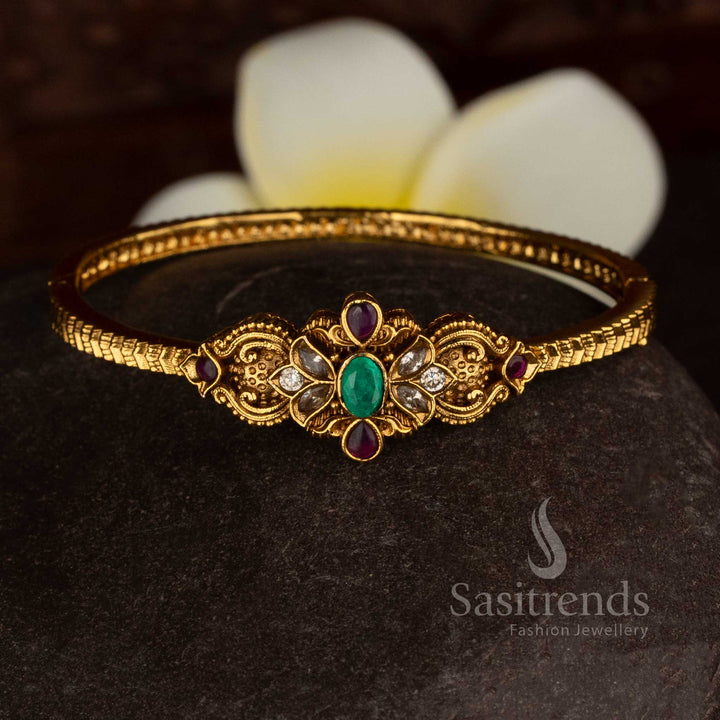 Amazing matte gold plated floral AD openable single kada bangle in multi colour with celebration glow jewellery - Sasitrends