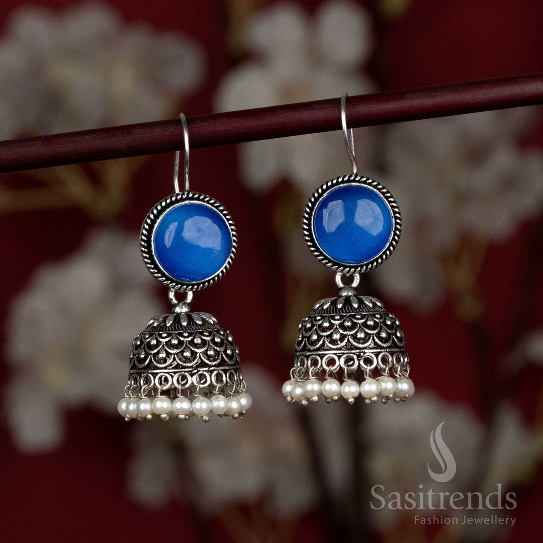 Festive blue oxidised jhumka earrings with natural stone studs and swinging pearl drops – perfect for Navaratri raas garba nights and breezy Indo-fusion wear – Sasitrends