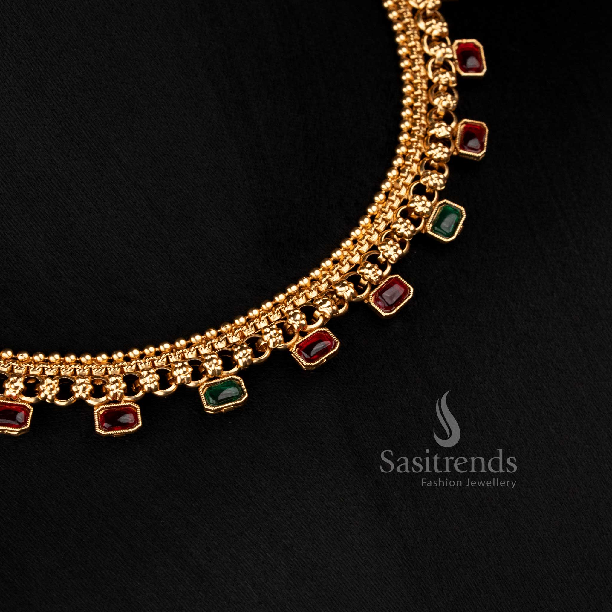 Striking Classic Matte Gold Plated Emerald-Cut Rectangular Stone Choker Necklace Set for Festive Wear - Sasitrends
