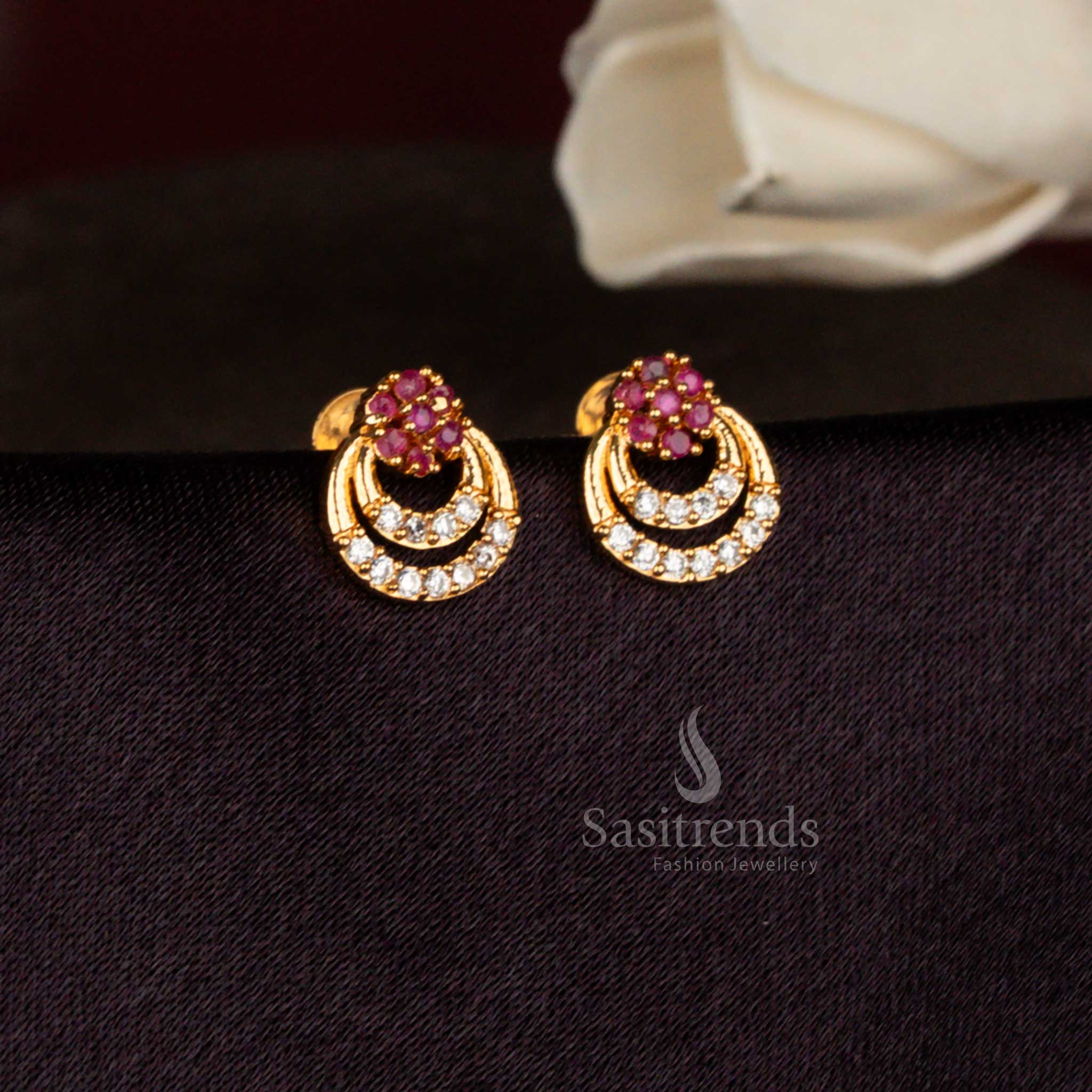 Regal radiance white ruby American diamond micro gold plated floral double crescent stud earrings suitable for traditional celebrations, family gatherings, and wedding festivities – Sasitrends