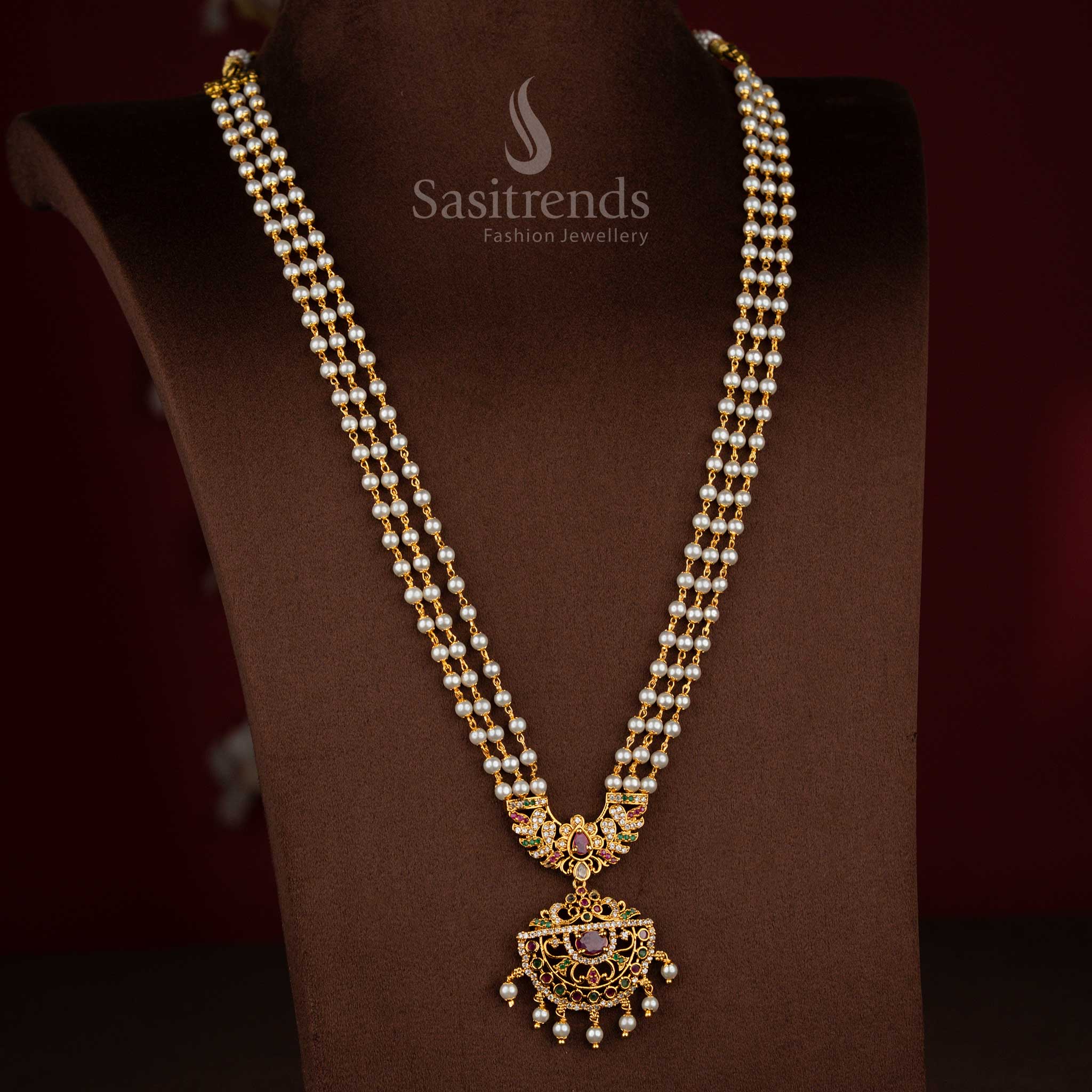 Spiritual majesty temple matte gold plated three layer pearl pendant long haram necklace suitable for sacred ceremonies and temple celebrations – Sasitrends