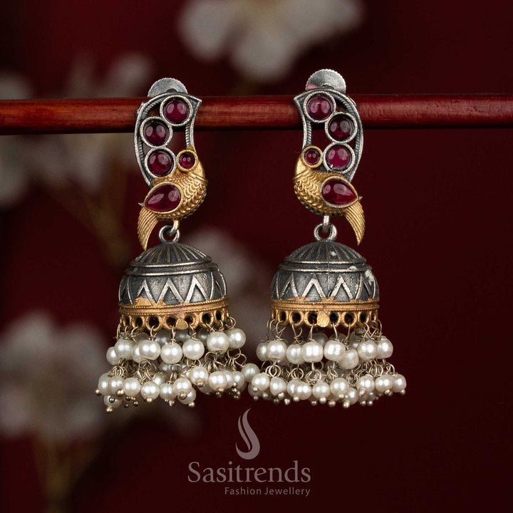 Regal antique oxidised 92.5 silver ruby dual tone peacock Monalisa stone jhumka earrings with pearl hangings for cultural - jewellery - Sasitrends