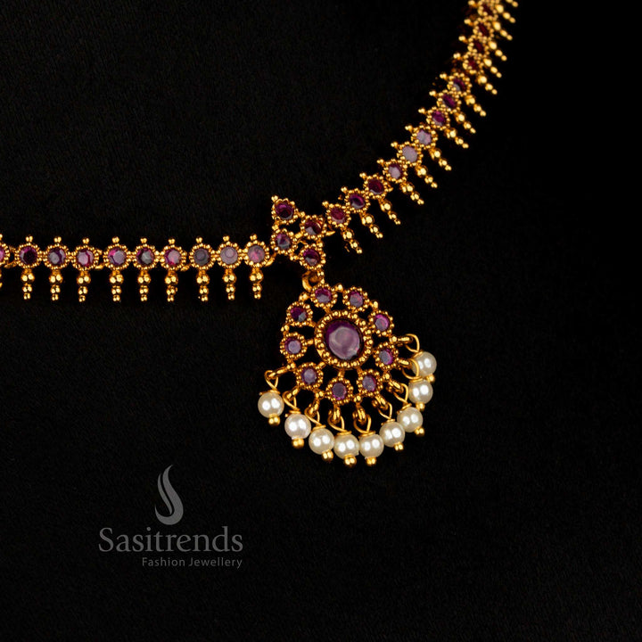 Royal matte gold AD stone Necklace with ruby circular floral motifs in a graceful drop design, perfect for traditional temple and festive occasions – Sasitrends