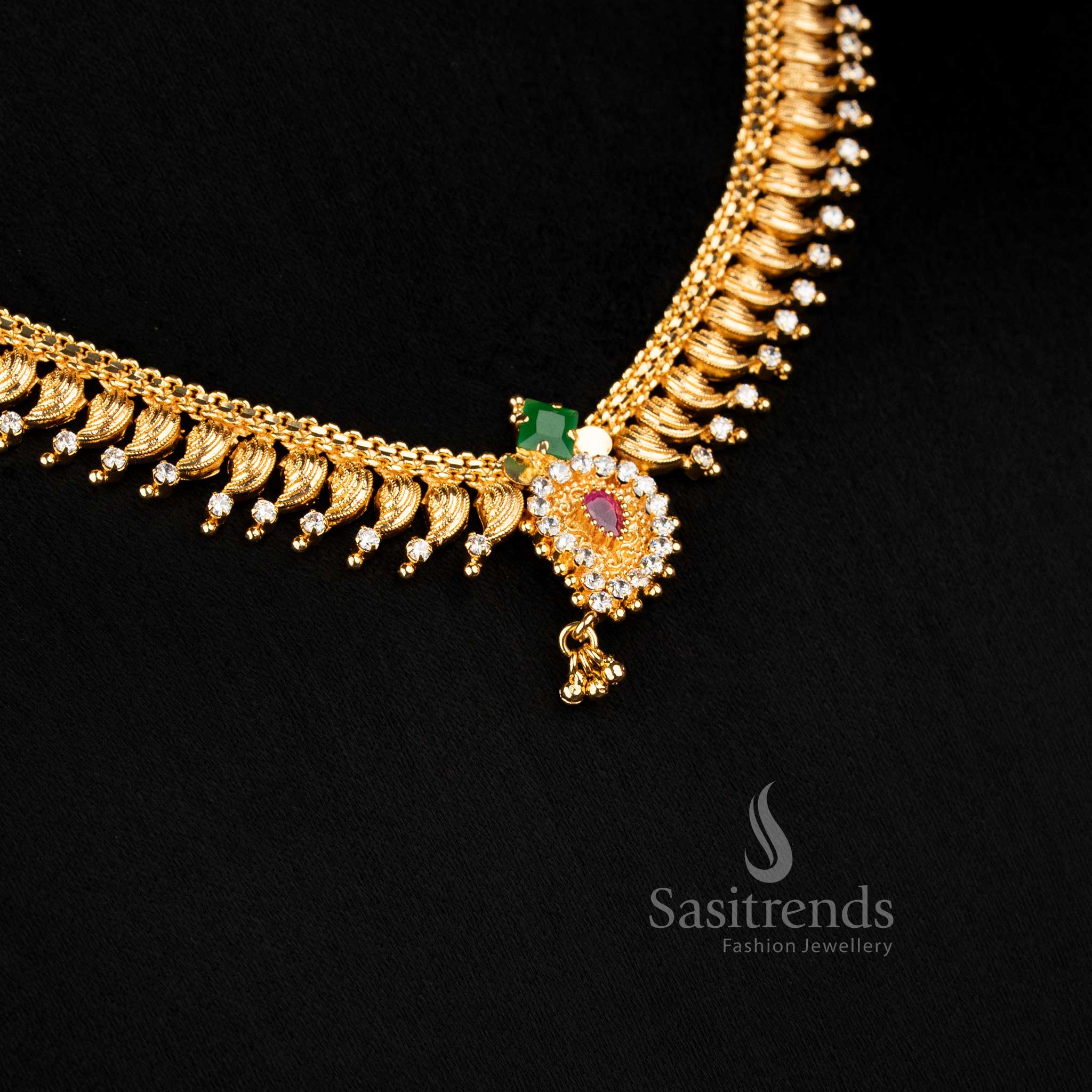 Artistic micro gold plated multicolor leaf fringe necklace with AD stone accents and drop pattern, perfect for celebrations – Sasitrends