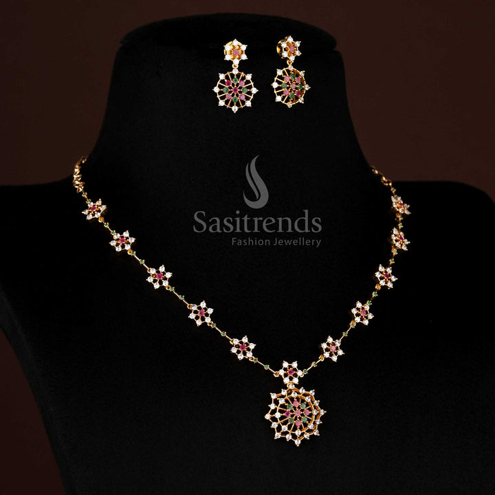 Traditional Micro Gold Plated AD Stone Floral Starburst Necklace Jewellery Set for Festive Wear
