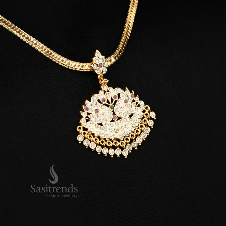 Colourful multi micro gold peacock motif attigai necklace crafted with bright stone highlights and American diamond pendant centrepiece, stylish jewellery for ethnic celebrations - Sasitrends