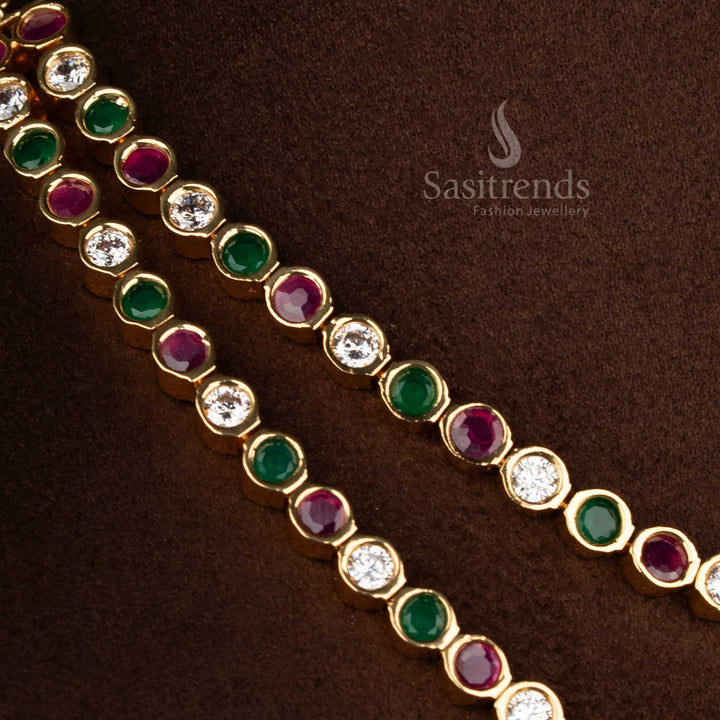 Elegant heritage multi tone micro gold plated crescent floral round stone two layer attigai necklace for cultural luxury jewellery - Sasitrends