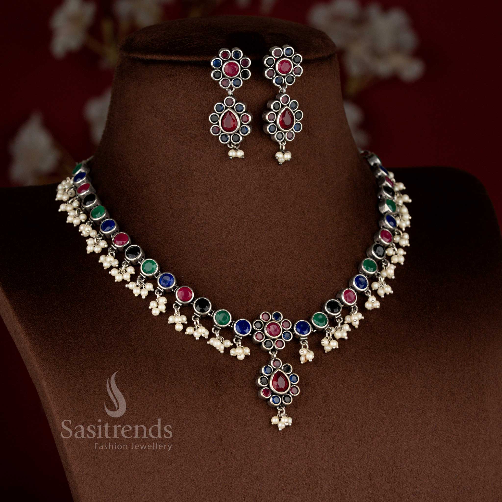 Vibrant multi colour oxidised stone floral pearl drop necklace jewellery set crafted in an artisan structured form for cultural celebrations – Sasitrends