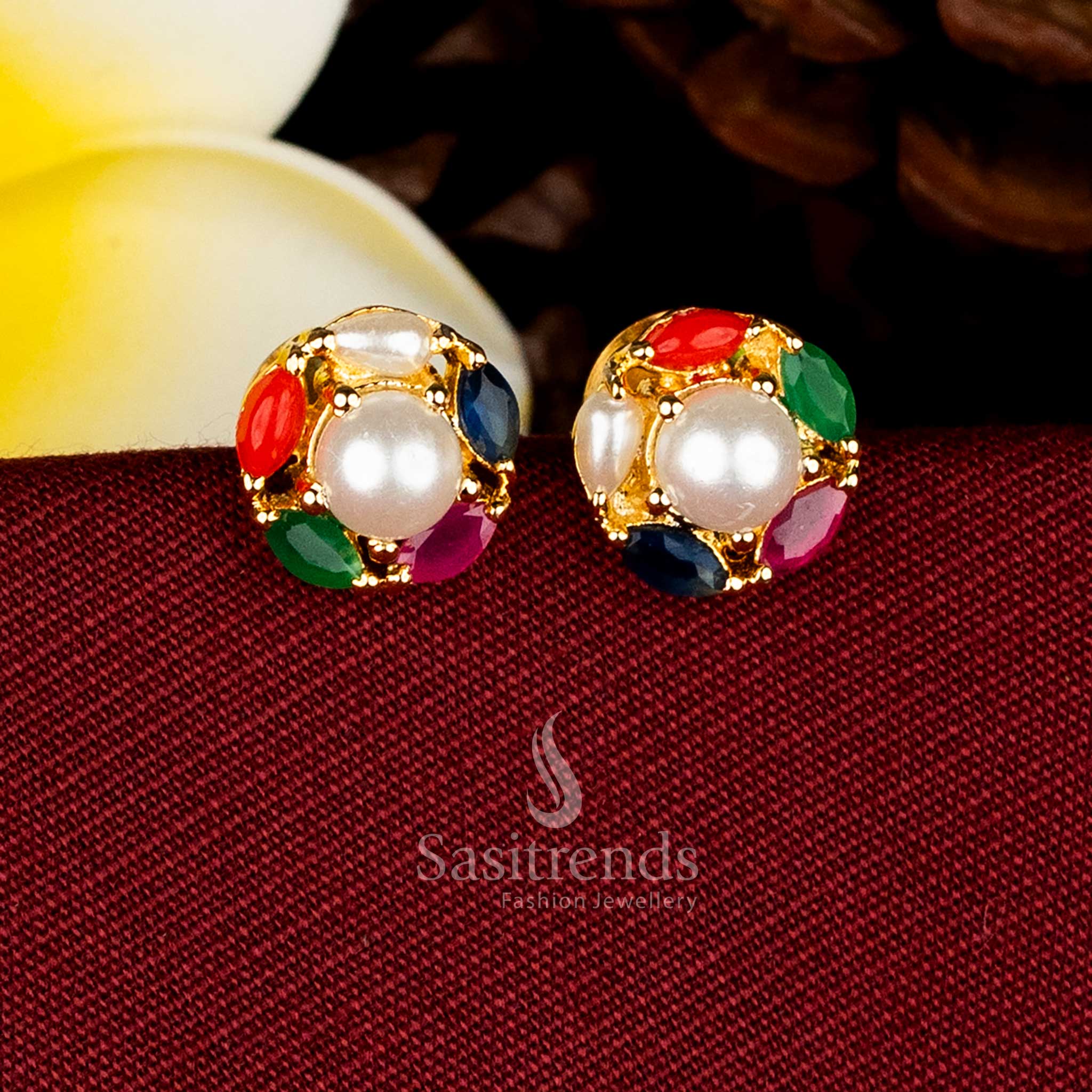 Colourful pearl navarathna circular floral cluster marquise-cut pearl AD stone stud earrings with guaranteed shine – Sasitrends