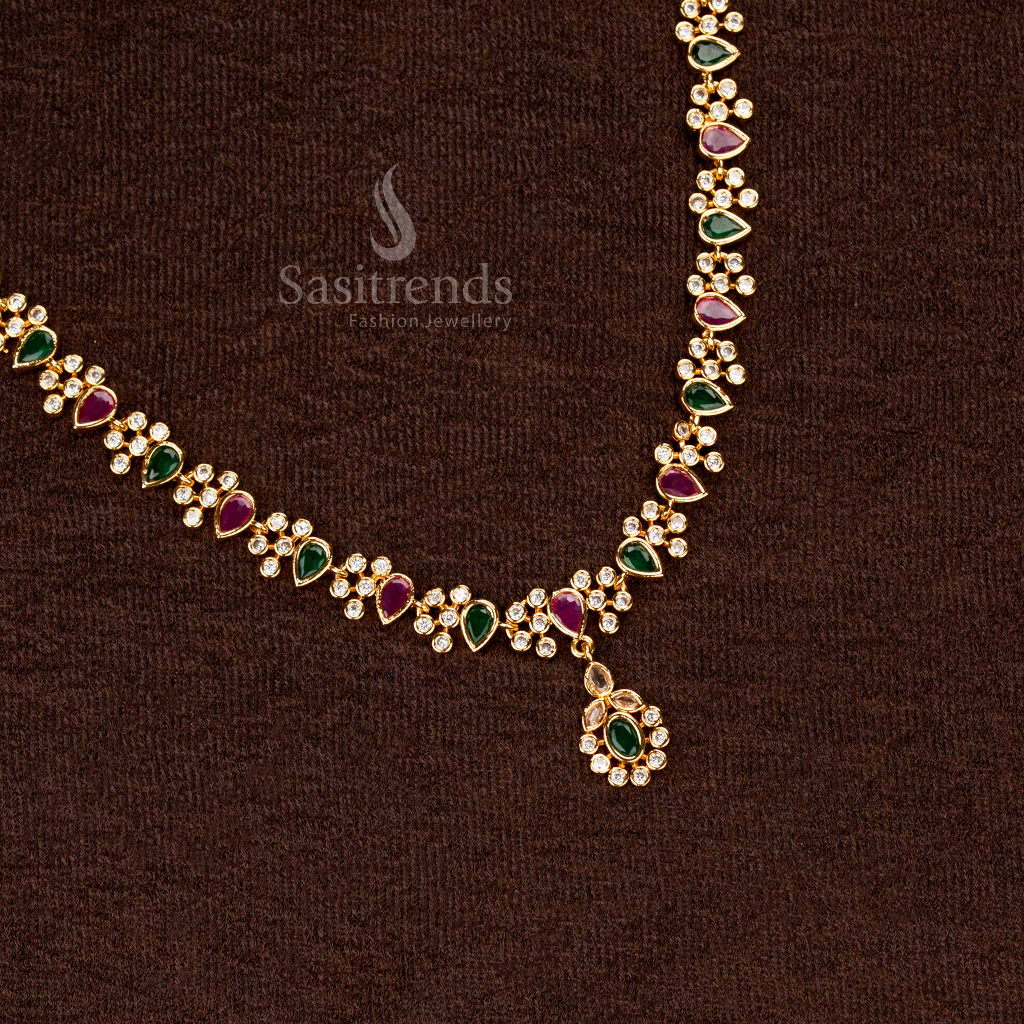 Traditional Micro Gold Plated AD Floral Necklace Set, Half Flower and Waterdrop Pendant Structure, High-Quality Finish – Sasitrends