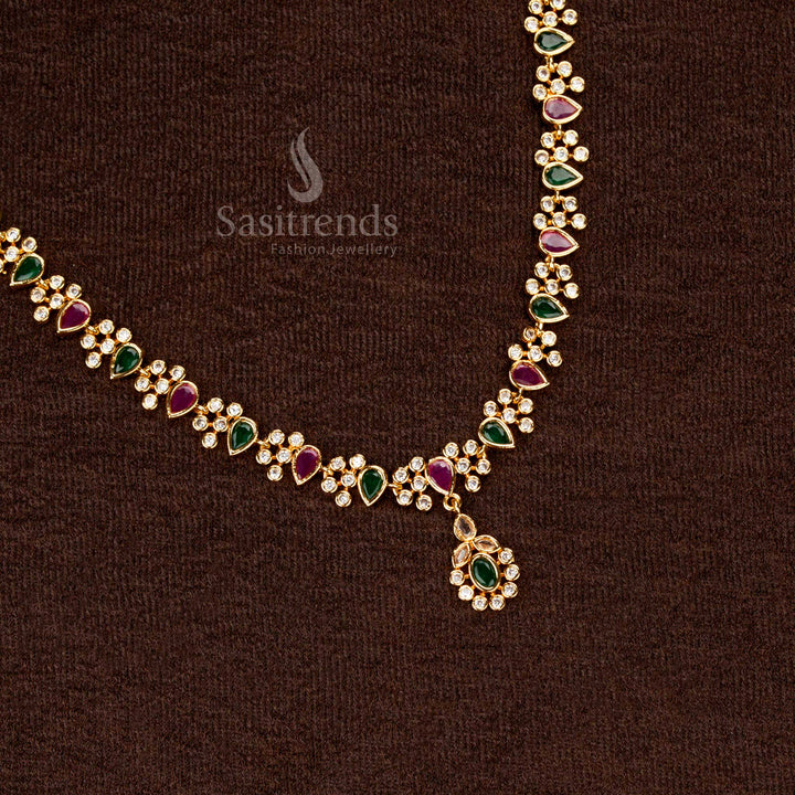 Traditional Micro Gold Plated AD Floral Necklace Set, Half Flower and Waterdrop Pendant Structure, High-Quality Finish – Sasitrends