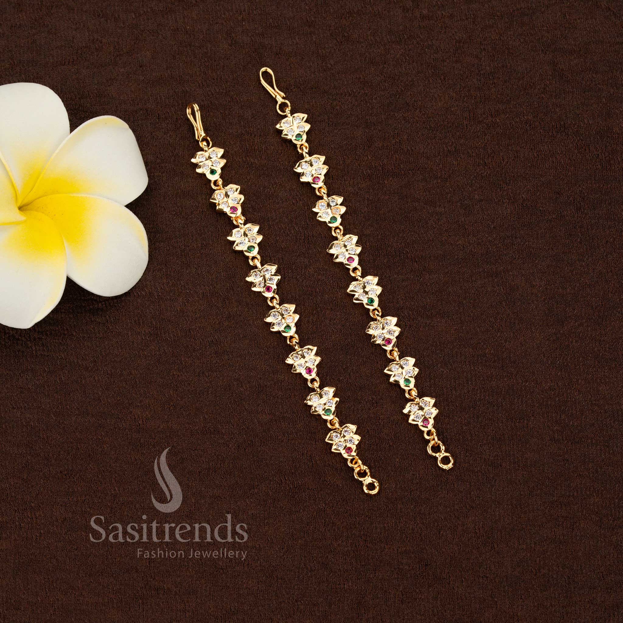 Celestial bloom impon micro gold plated Panchaloga floral matil multi with guaranteed finish ideal for temple ceremonies, bridal hair styling, and festive dance functions – Sasitrends