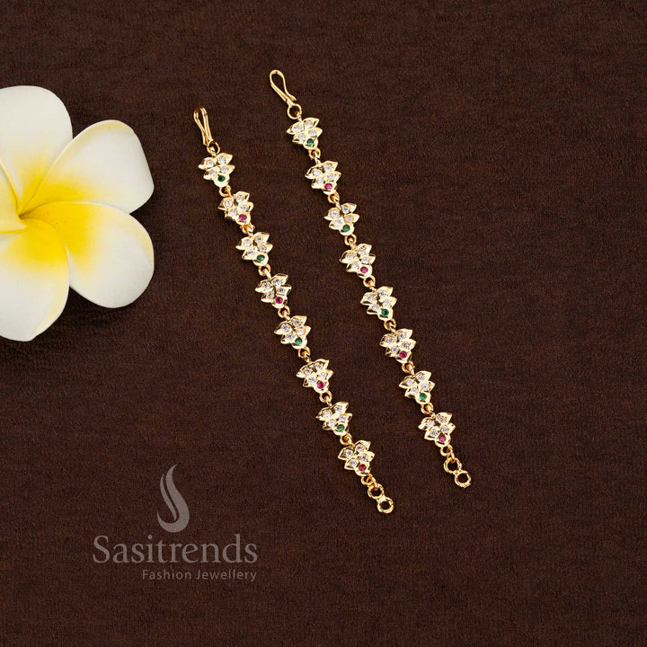 Celestial bloom impon micro gold plated Panchaloga floral matil multi with guaranteed finish ideal for temple ceremonies, bridal hair styling, and festive dance functions – Sasitrends