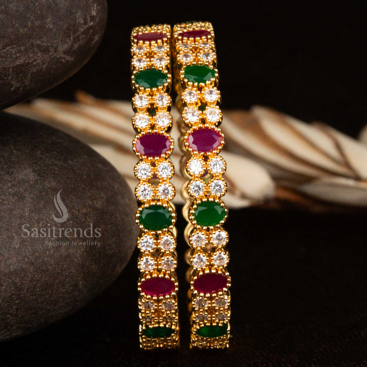 Multi-colour American diamond bangles in micro gold finish with vibrant floral motifs – an eye-catching festival and traditional jewellery choice full of colour by Sasitrends