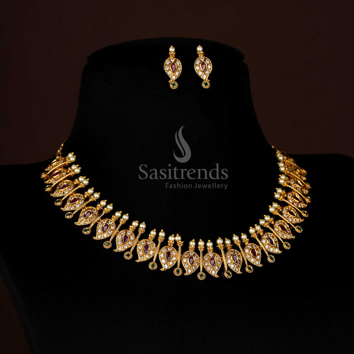 Vibrant temple matte gold necklace jewellery set with multi coloured stones, mango and stick motifs, and AD accents - Sasitrends