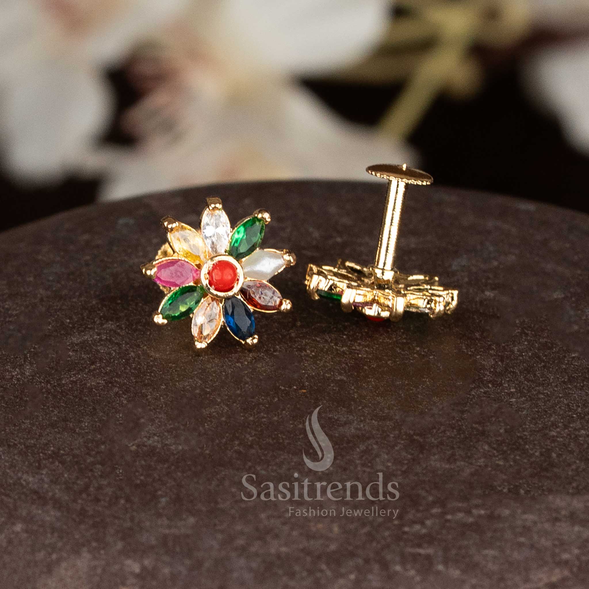 Vivid micro gold daisy flower screw stud earrings with Navarathnam gemstone accents for traditional celebrations - Sasitrends